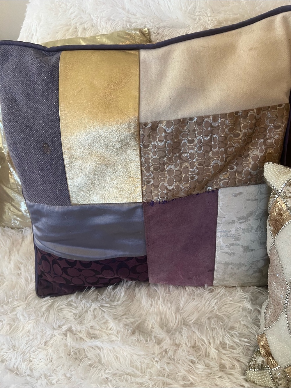 Coach Patchwork Decorative Pillow - Purple & Gold & Cream